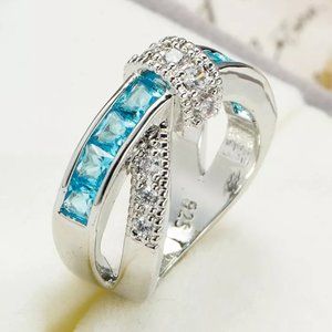 🍁925 Silver Plated Sea Blue CZ Punk Party Cocktail Ring Women, GPMB1405